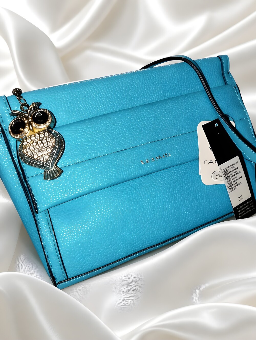 Tahari Charlie Crossbody Bag Aqua Blue Vegan Leather & Owl Charm NWT